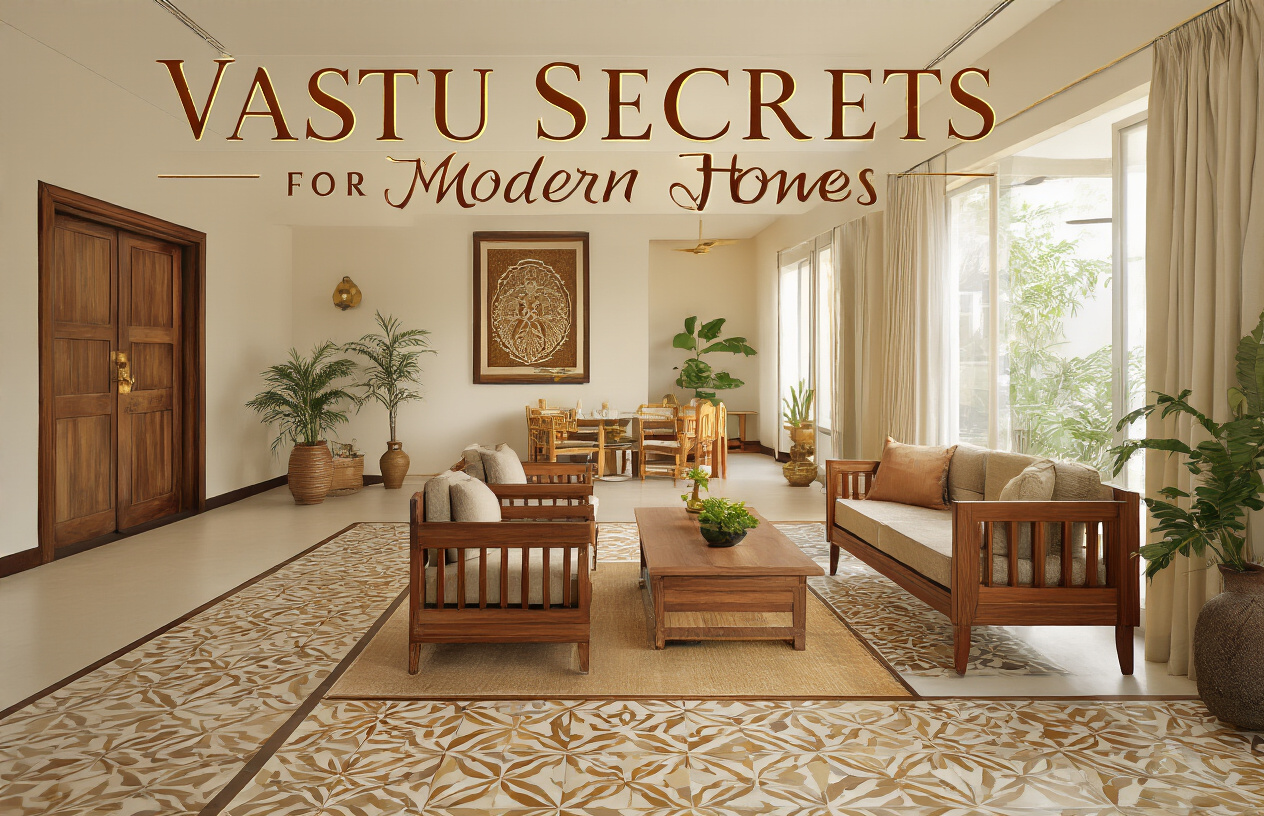 Create a realistic image of a modern Indian home's living room showcasing traditional Vastu Shastra principles, featuring a contemporary open-plan layout with proper directional elements like an east-facing entrance with natural light streaming in, sacred geometric patterns subtly incorporated into the floor tiles, warm earth-tone color scheme with wooden furniture arranged according to Vastu guidelines, traditional brass elements and plants placed strategically, soft natural lighting creating a harmonious atmosphere, with the text "Vastu Secrets for Modern Homes" elegantly overlaid in golden serif font in the upper portion of the image.