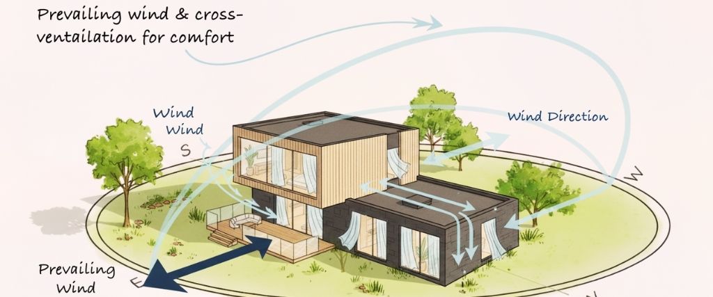 Cross-ventilation diagram showing wind entering and exiting a home
