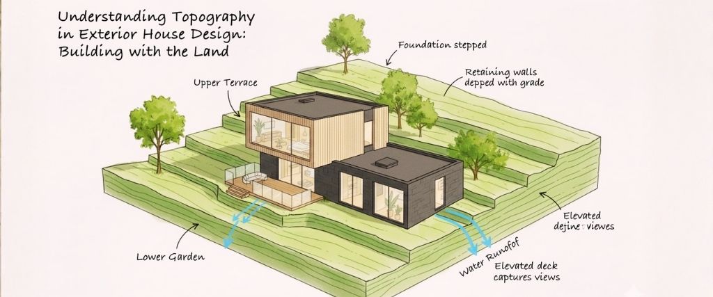 House built on sloped terrain with retaining walls