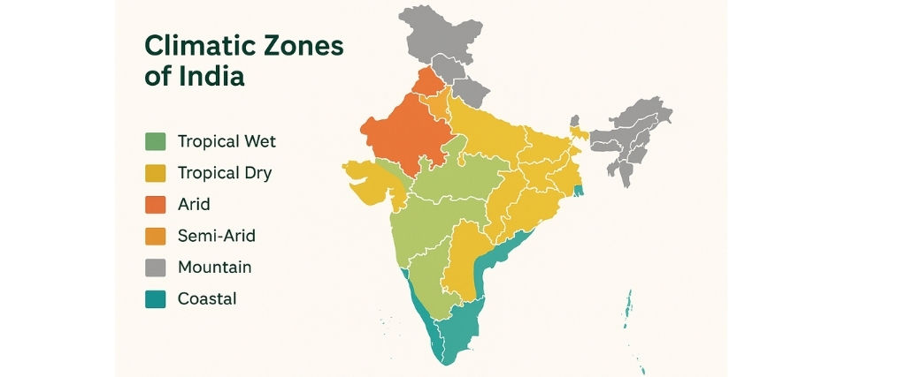 Map showing Indian climate zones relevant to exterior housing design